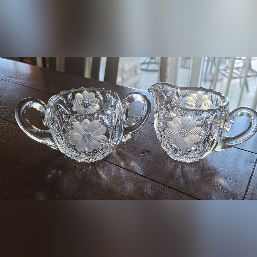 American Brilliant cut glass sawtooth etched flower creamer & sugar bowl